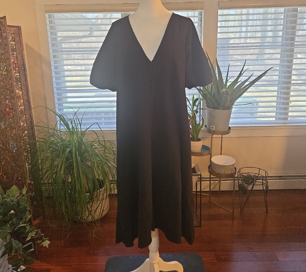 Zara V Neck Balloon Sleeve Peasant Boho Midi Dress Womens Size Large Black